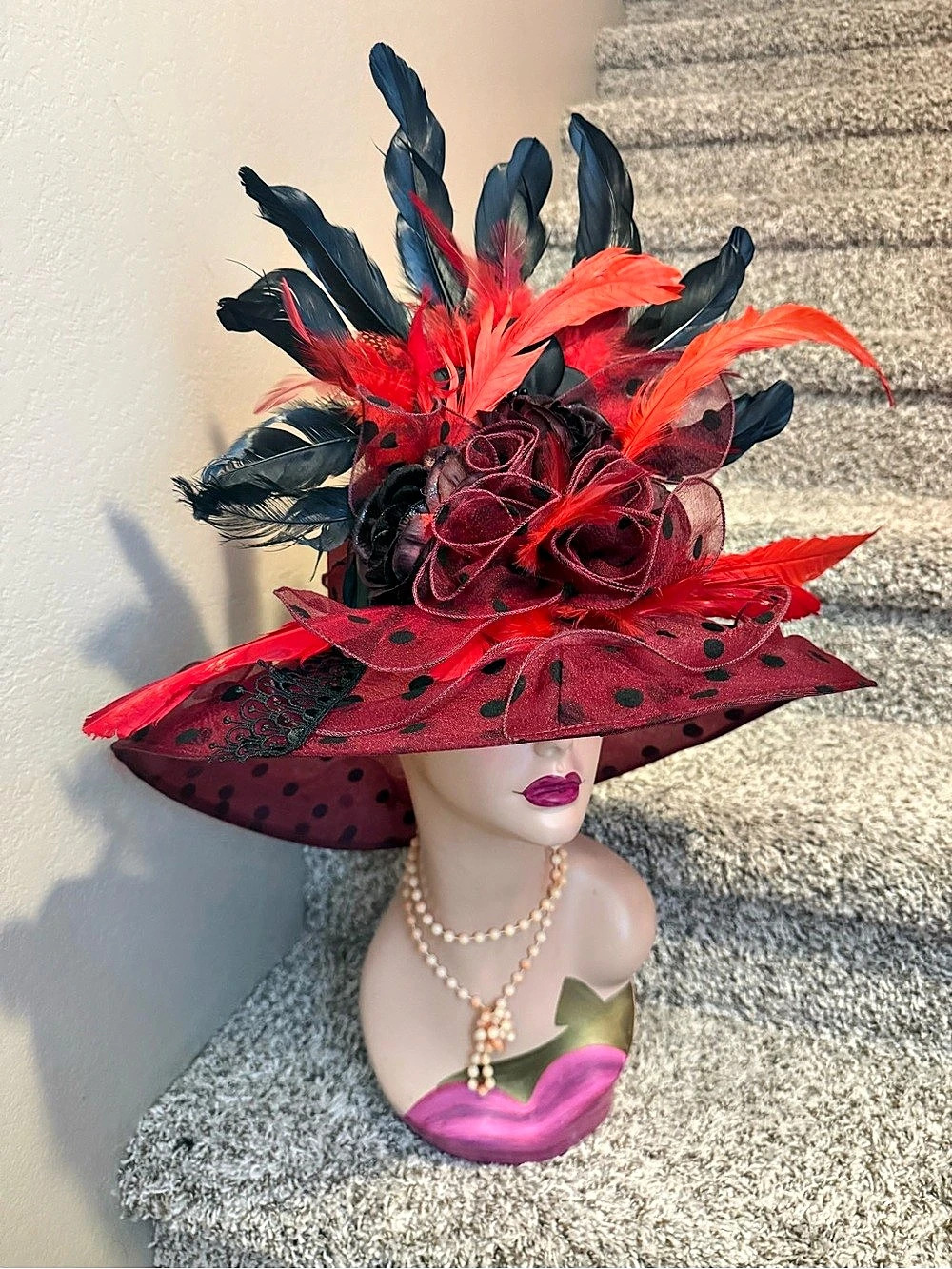 Feathered Polka Dot Hat in Red & Black love shack